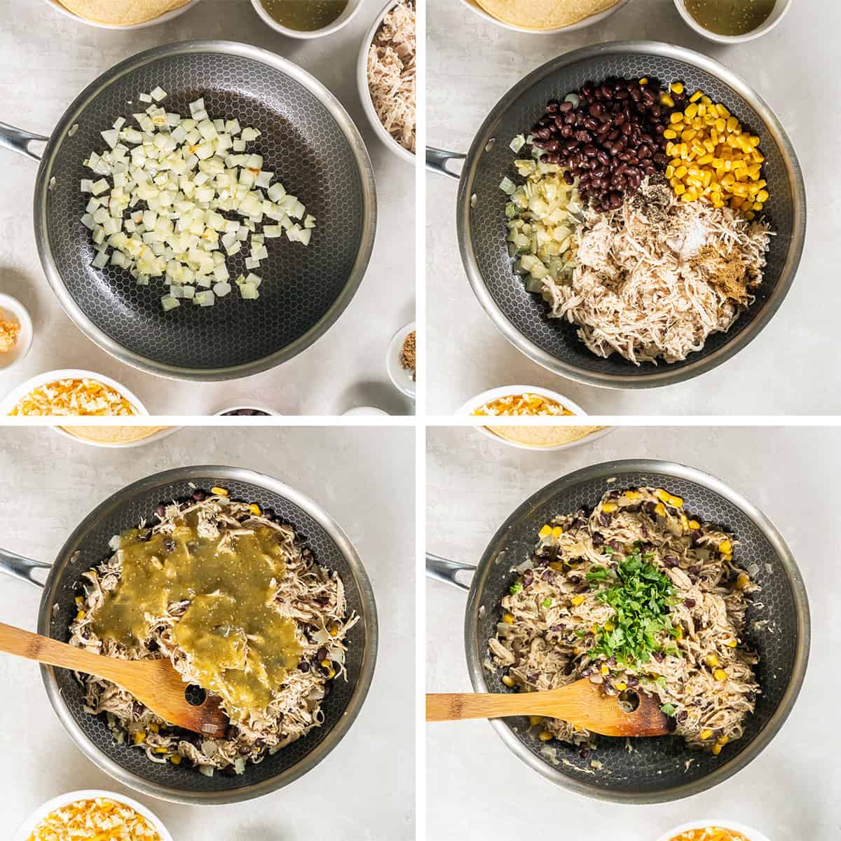 Four images of chicken taco filling with black beans and salsa verde being cooked in a skillet.