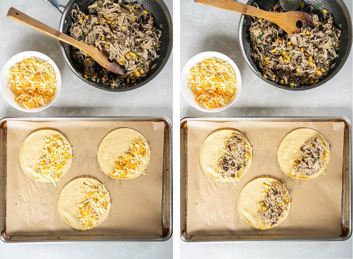 Two images of cheese and chicken filling being layered on corn tortillas.