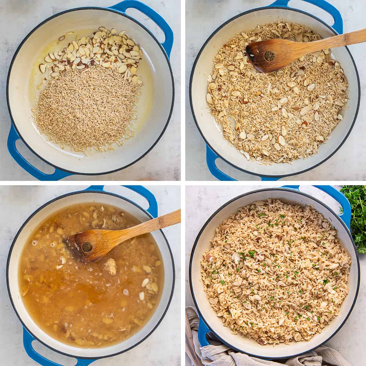 A four image collage of brown rice pilaf in being made in a skillet.