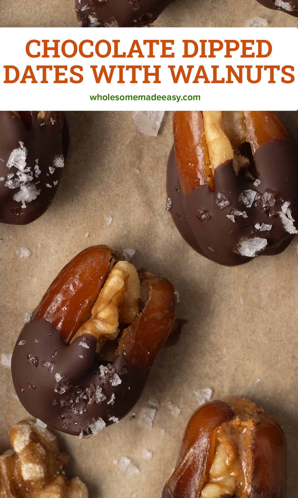 Chocolate dipped dates stuffed with walnuts on parchment paper with text.