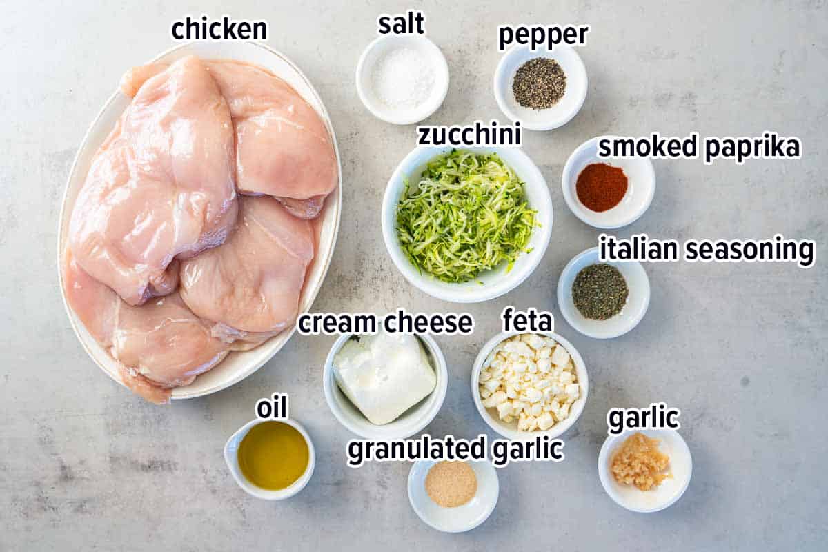 Chicken, shredded zucchini and other ingredients in bowls with text.