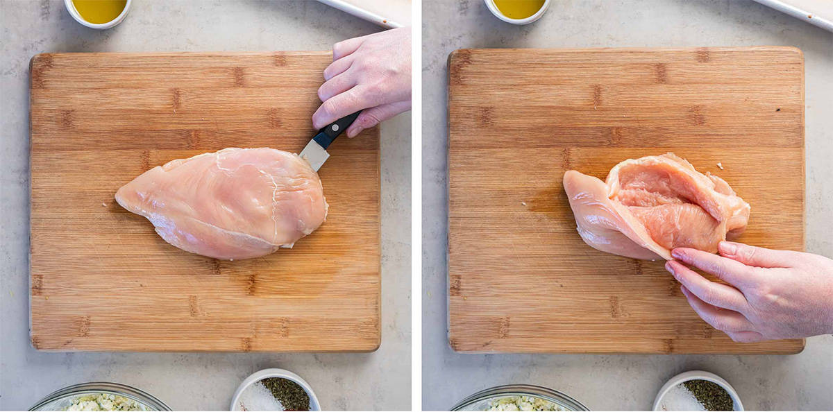 Two images of a knife slicing a pocket into a chicken breast on a wood cutting board.