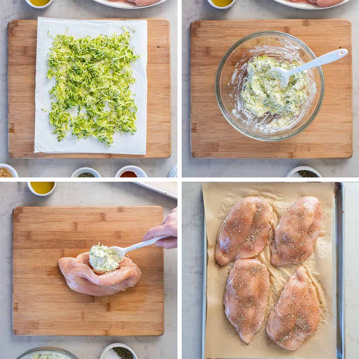 Four images of shredded zucchini, a mixing bowl with a zucchini feta mixture, and chicken stuffed with the filling.