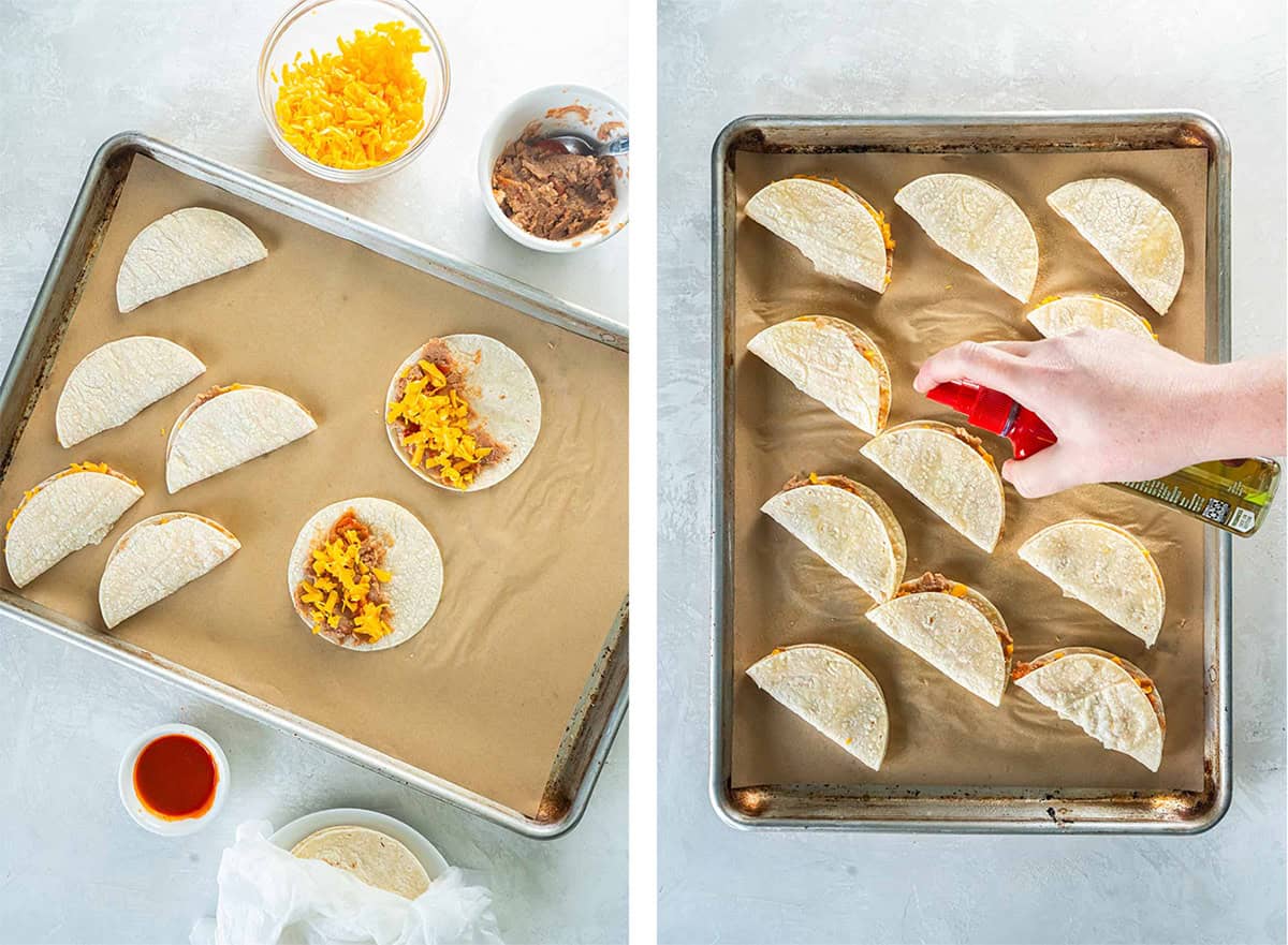 Mini tacos being assembled in a baking sheet.