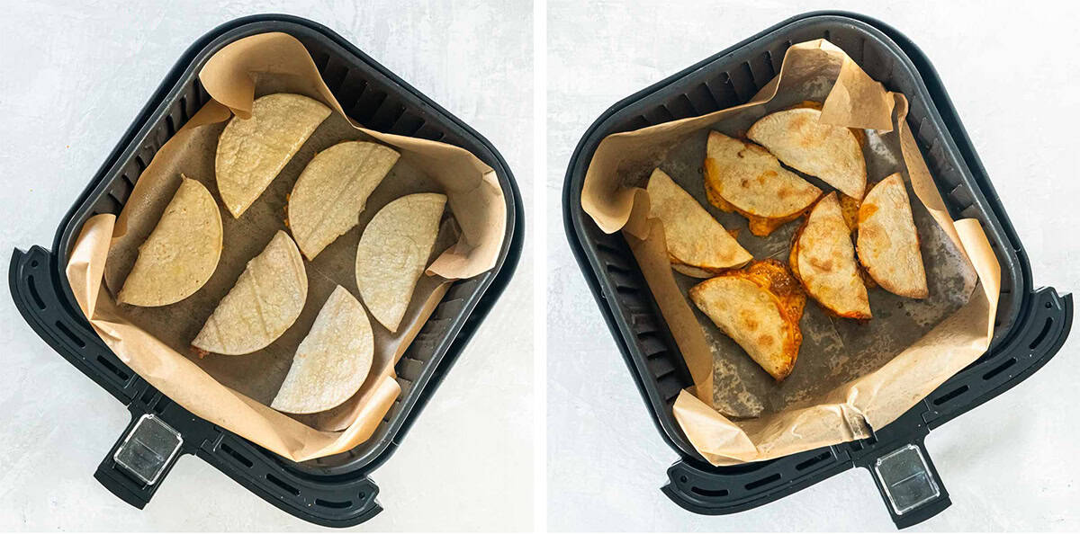 Two images of mini tacos in a parchment paper lined air fryer basket.
