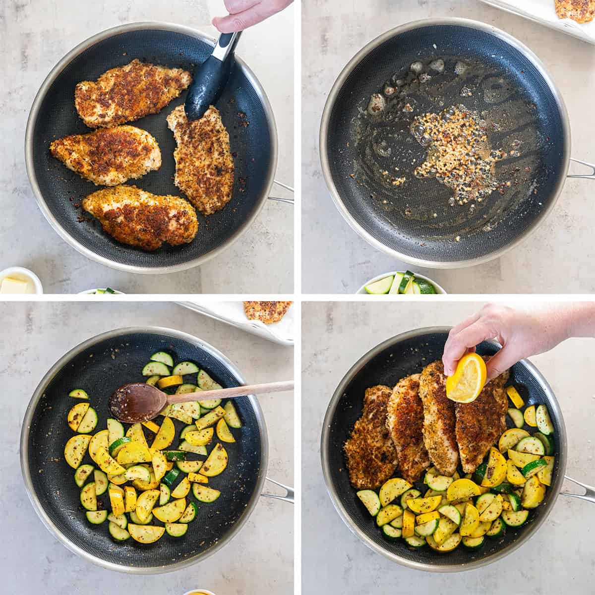 Four images of breaded chicken in a skillet with garlic, zucchini, and lemon.