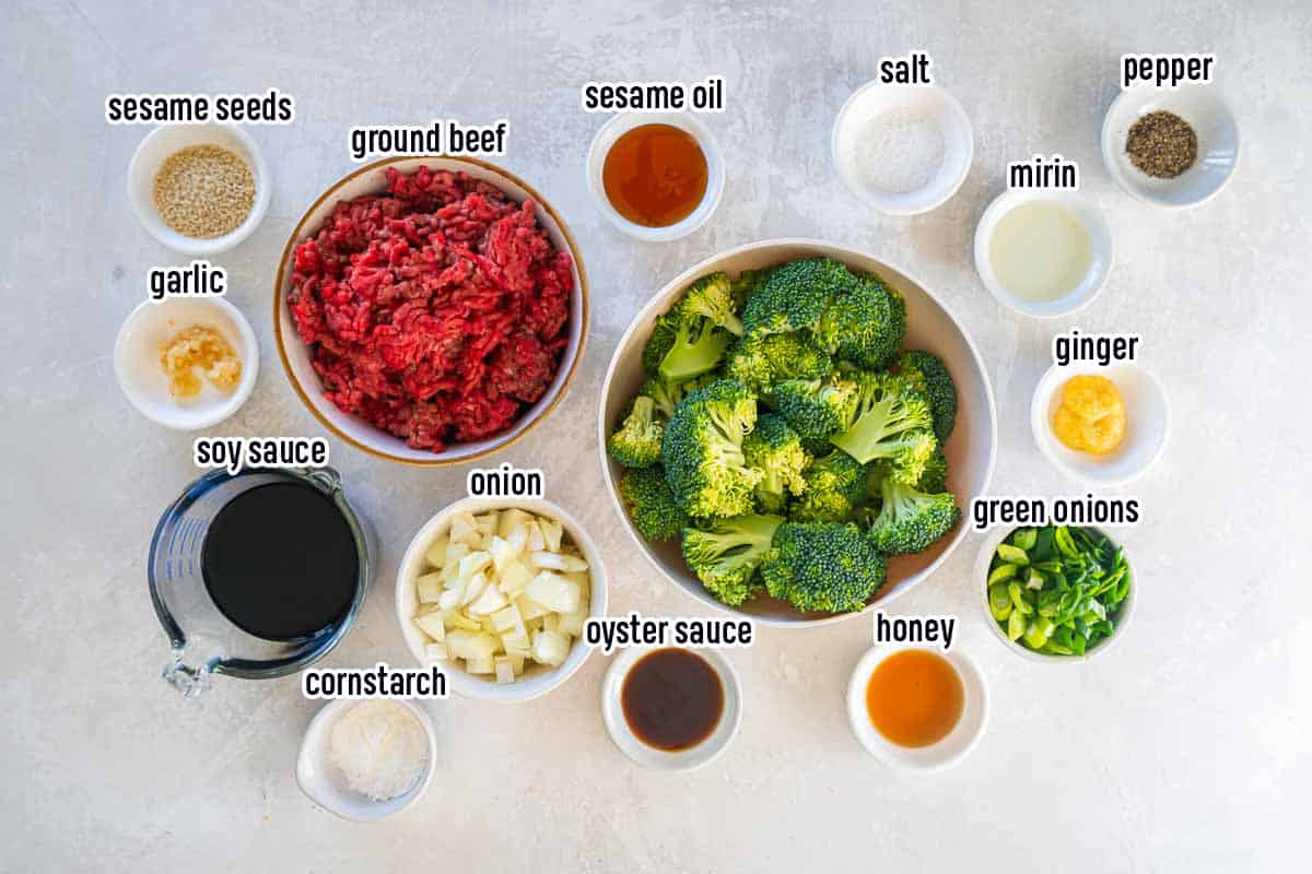Ground beef, broccoli, soy sauce and other ingredients in bowls with text.
