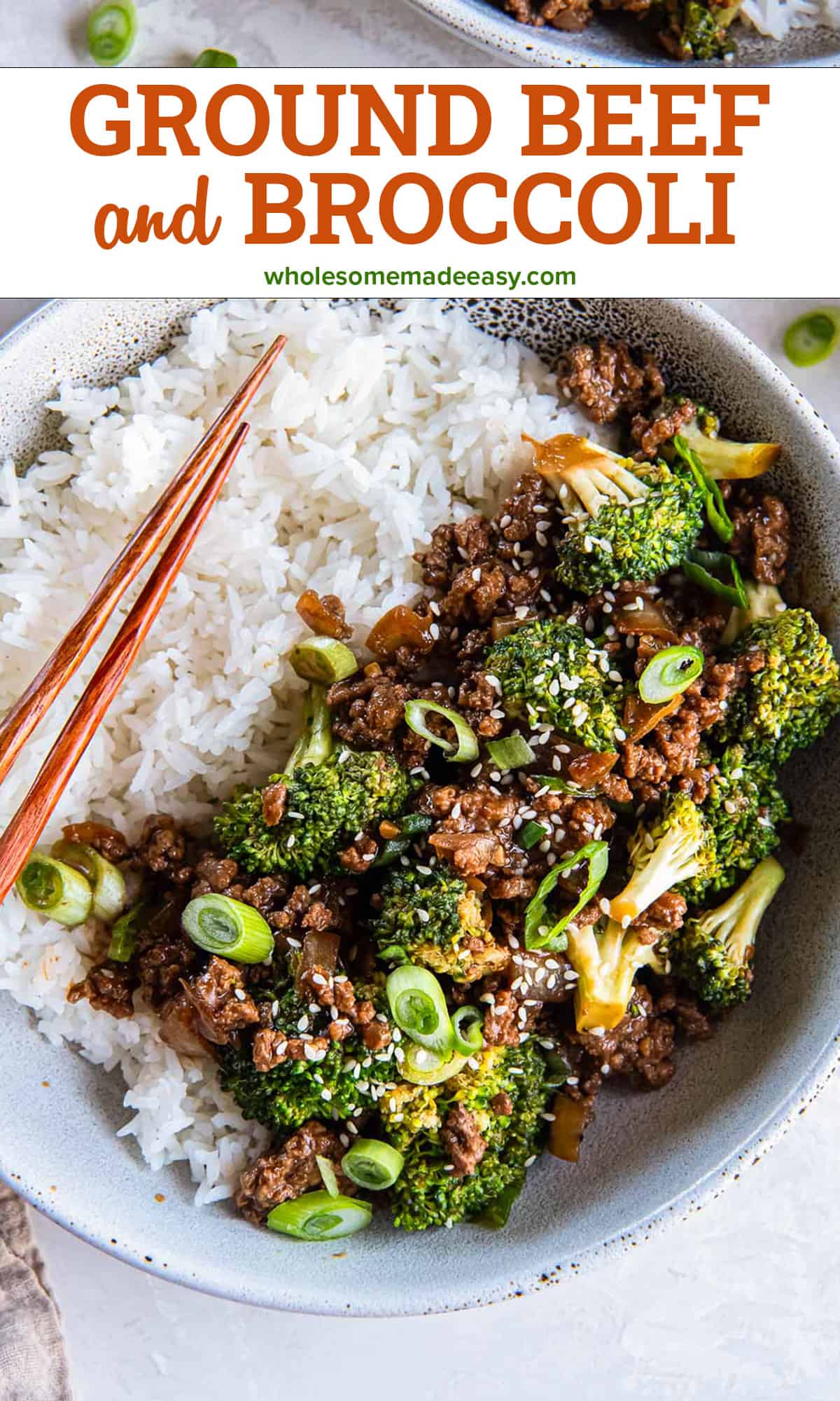 A bowl of white rice and Asian ground beef and broccoli with chopsticks with text.