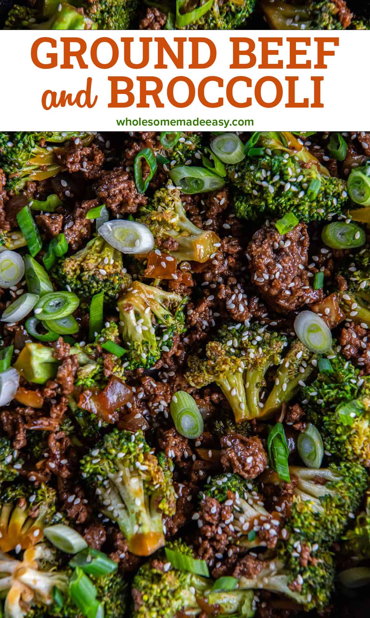 Cooked ground beef and broccoli with sesame seeds and green onions with text.