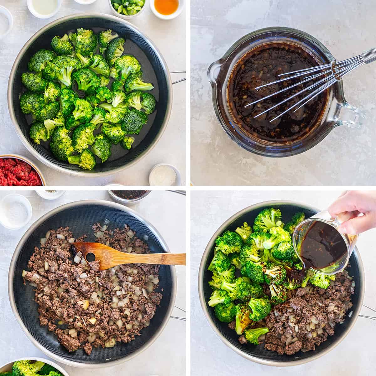 Four images of broccoli, an Asian stir fry sauce, and ground beef in a skillet.