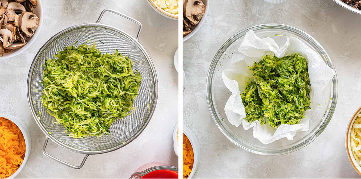 Two images of shredded zucchini in a colander in on paper towels.