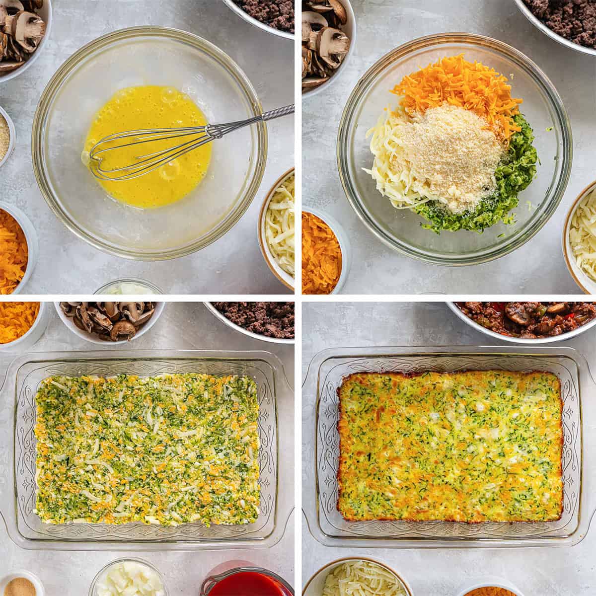 Four images of zucchini and cheese crust ingredients in a bowl and in a baking dish.