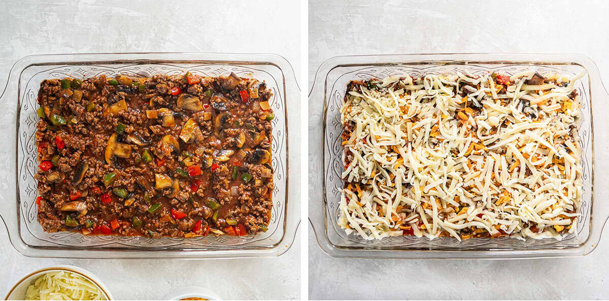 Two images of zucchini pizza casserole with a ground beef topping and shredded cheese.