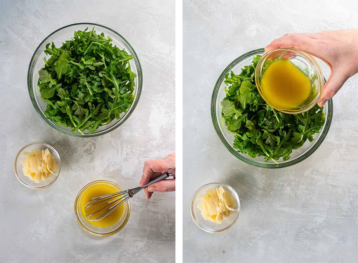 Two images of lemon vinaigrette being whisked in a small bowl and poured over arugula salad.