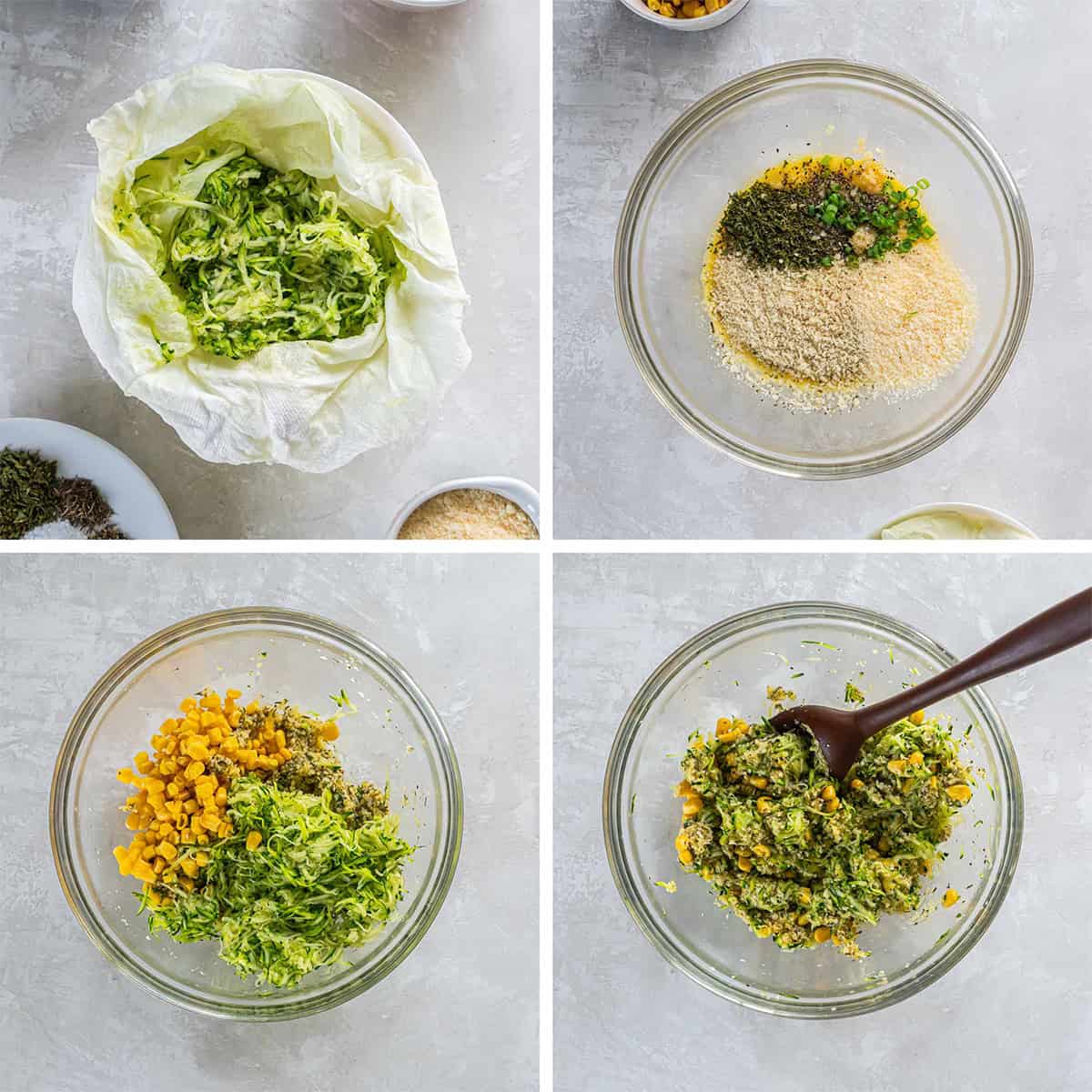 Four images of zucchini and corn fritter ingredients being combined in a large mixing bowl.