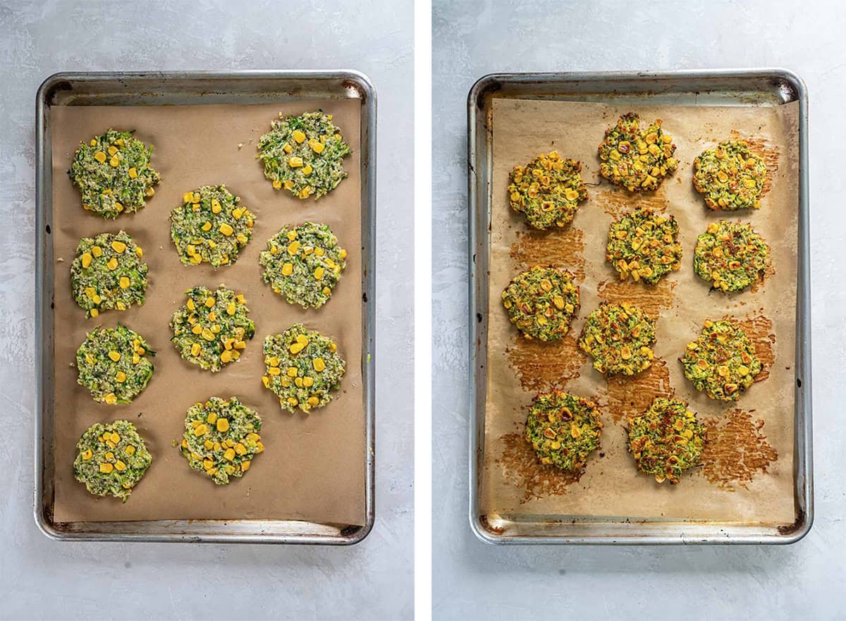 Two images of zucchini and corn fritters on a baking sheet before and after they are baked.