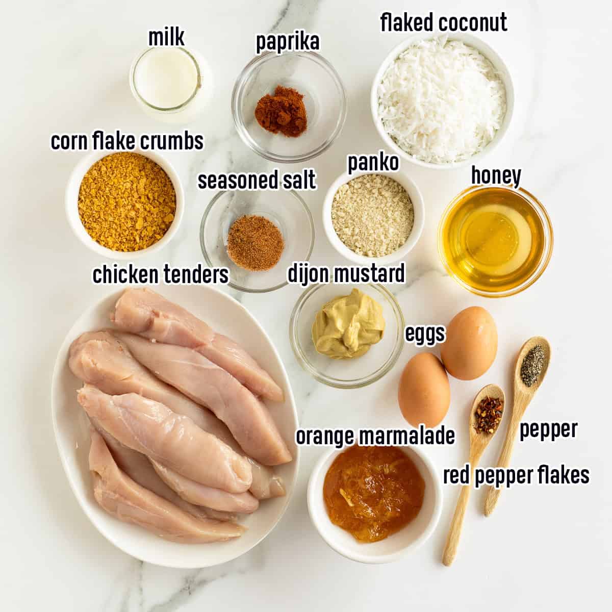 Chicken tenders, flaked coconut, panko bread crumbs and other ingredients in bowls with text.