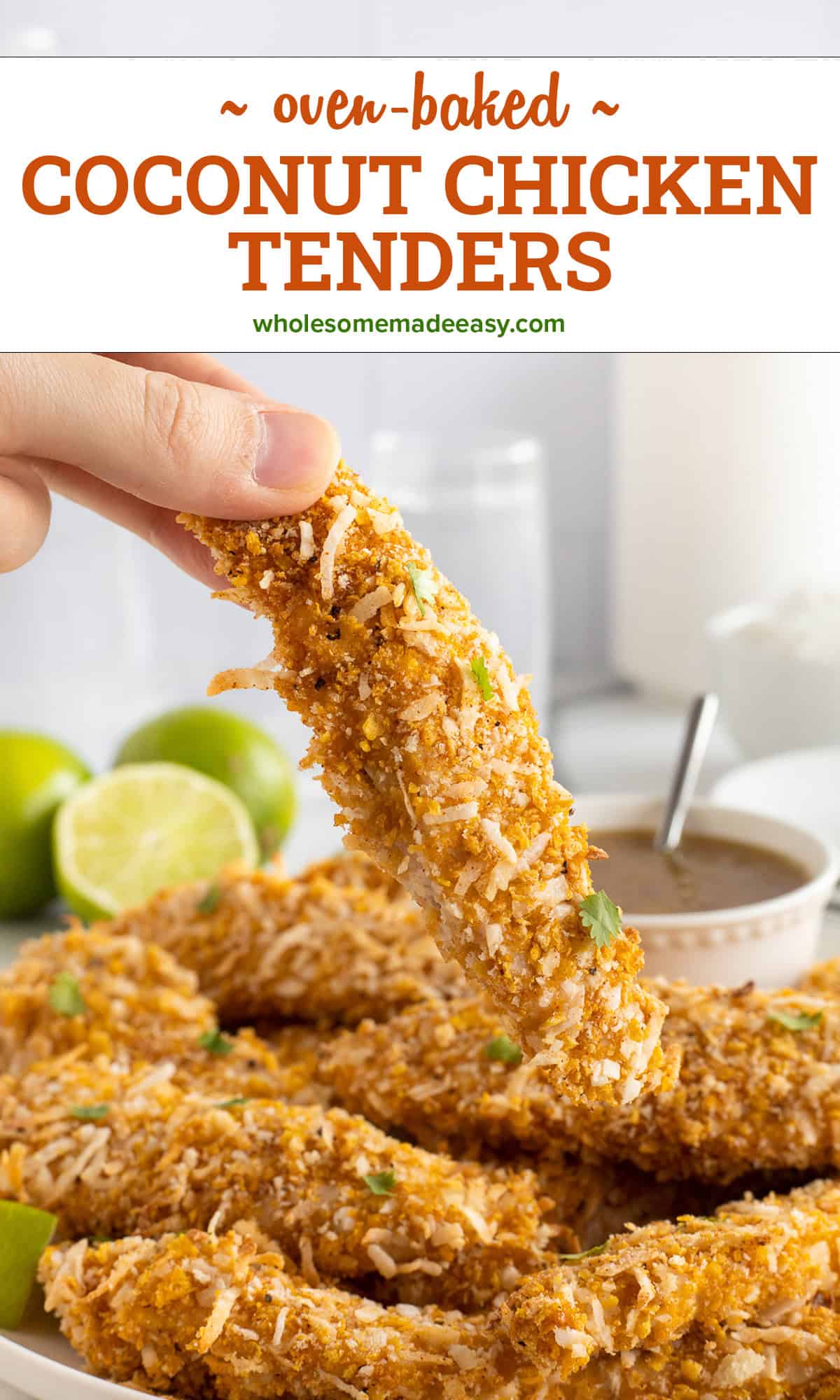 A hand dipping a coconut chicken tender into orange marmalade sauce with text overlay.