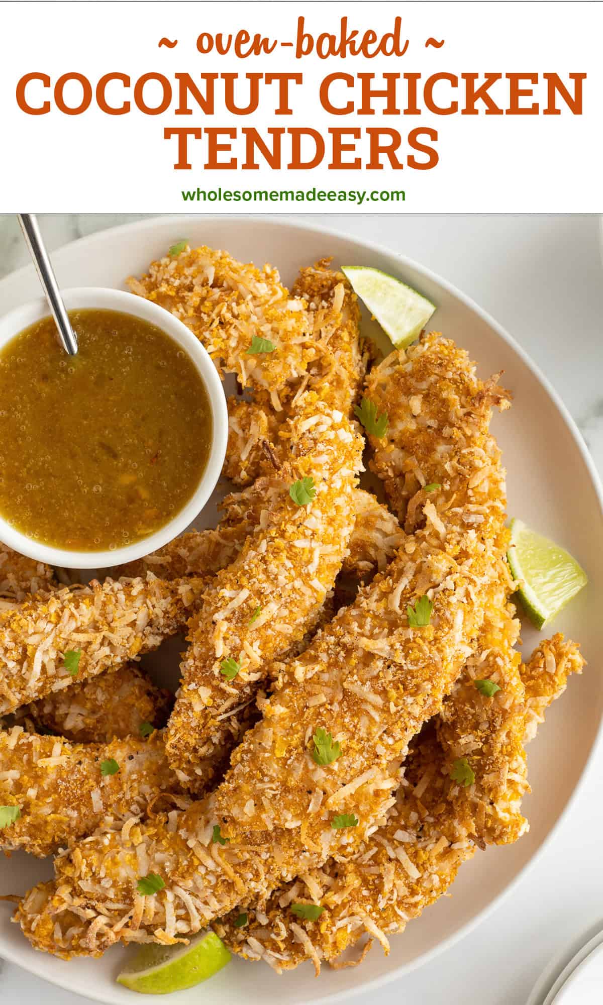 A platter full of coconut chicken tenders with a small bowl of orange dipping sauce with text overlay.