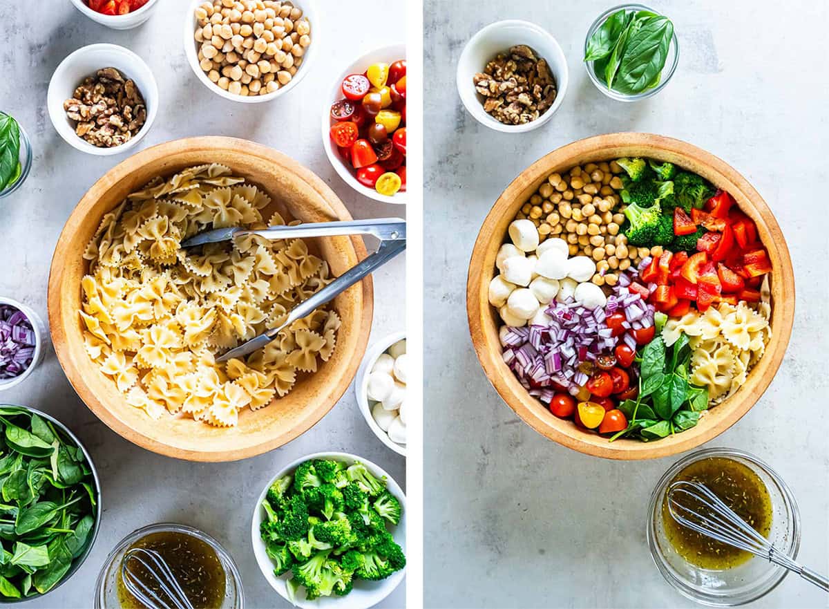 Two images of spinach pasta salad being assembled in a wood salad bowl.