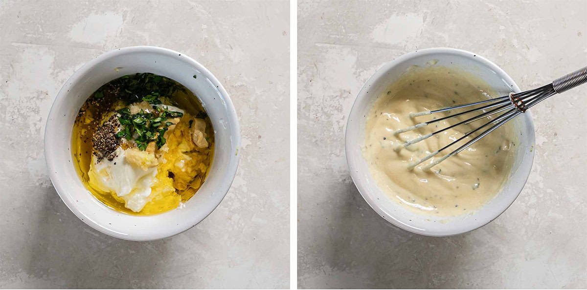 Two images of Greek yogurt salad dressing ingredients in a bowl with a whisk.