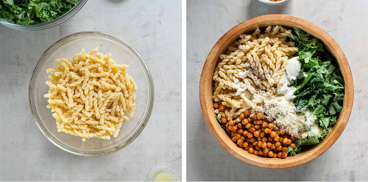 Cooked pasta in a glass bowl and in a salad bowl with kale caesar salad ingredients.