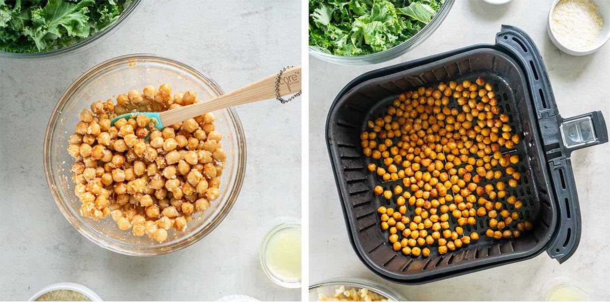 Seasoned chickpeas in a bowl and in an air fryer basket.