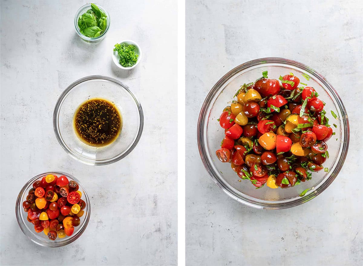Two images of marinade and cherry tomatoes in a bowl with basil and parsley.