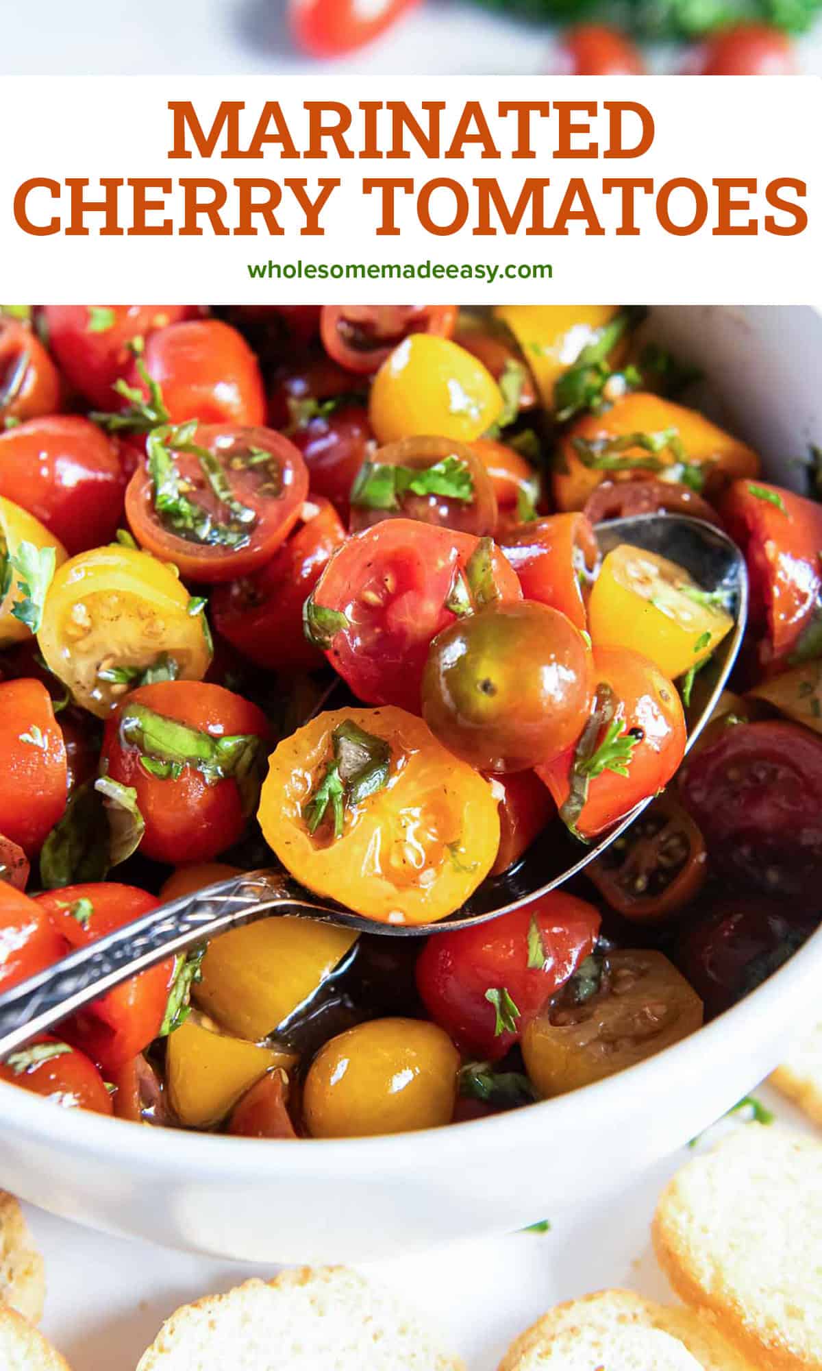 A spoon scooping marinated cherry tomatoes from a white bowl with text overlay.