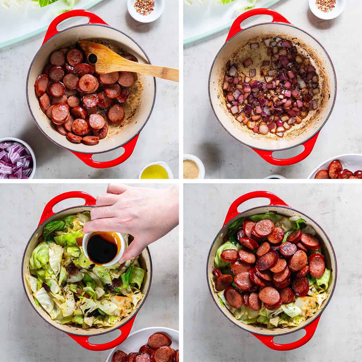 Four images of sausage, onions and cabbage cooking in a Dutch oven.