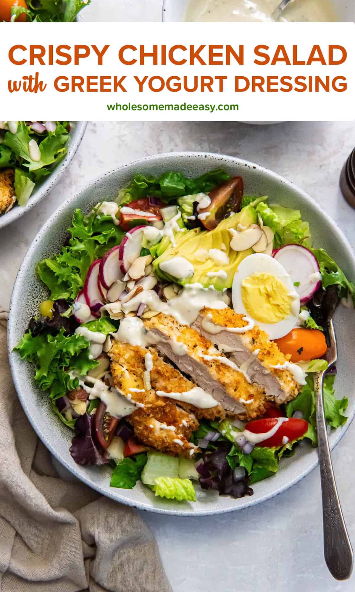 Two bowls of salad with crispy chicken, hard-boiled eggs, radishes and creamy dressing with text overlay.