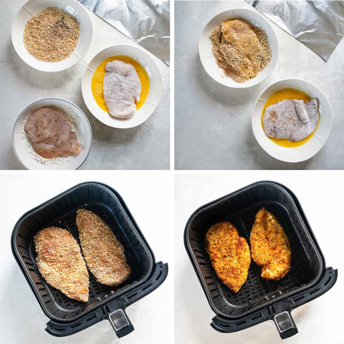 Four images of chicken being breaded and in an air fryer basket.