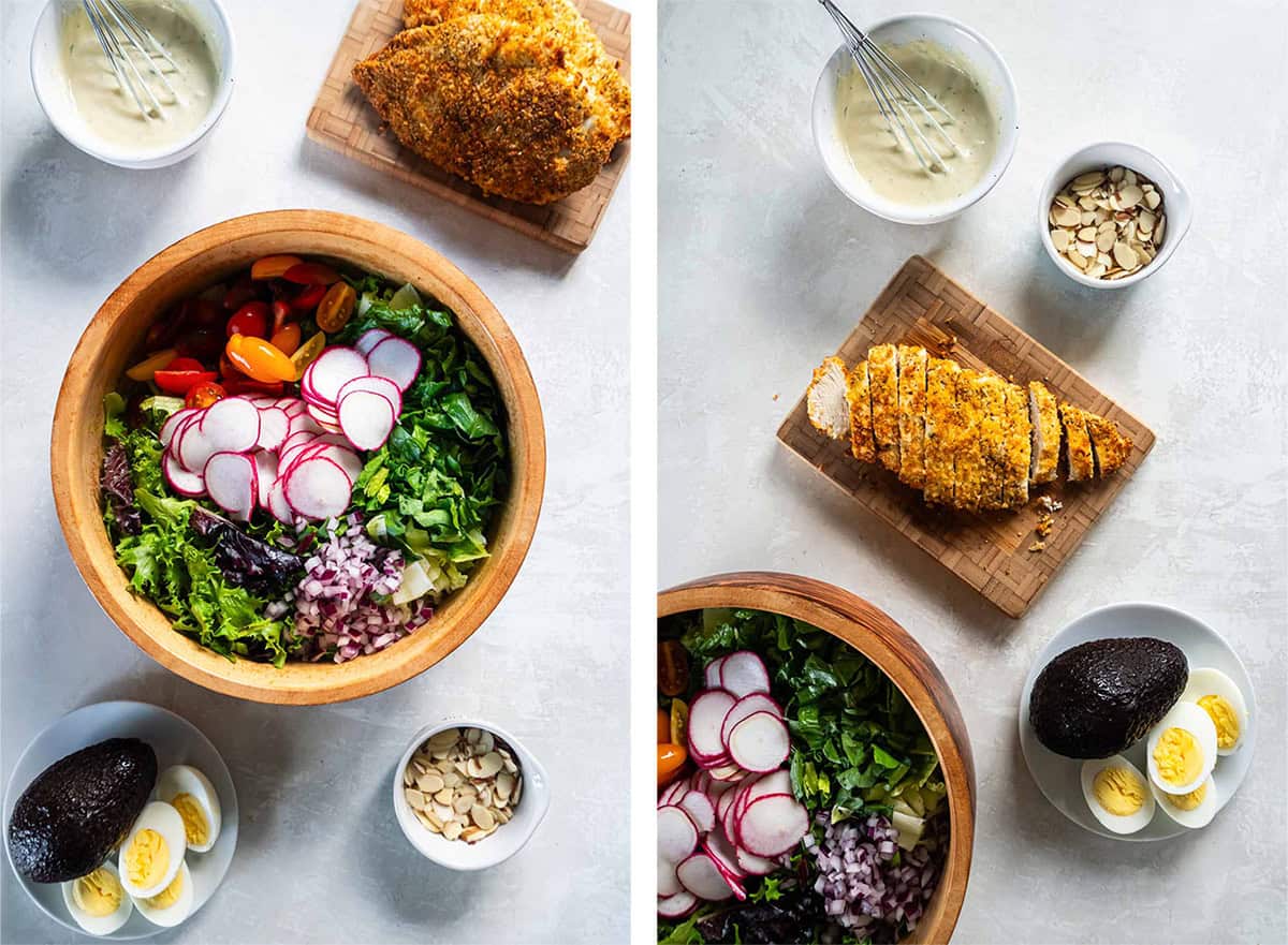 Two images of salad in a wood bowl and sliced breaded crispy chicken on a cutting board.