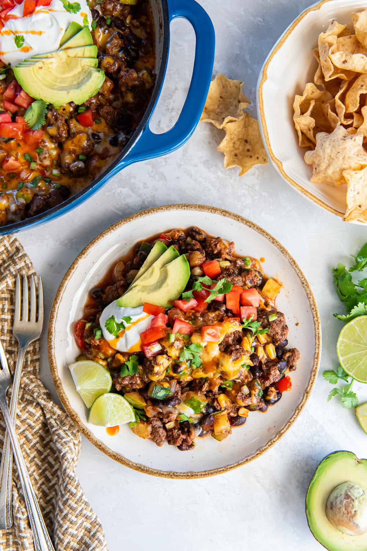 A serving of taco skillet on a white plate.