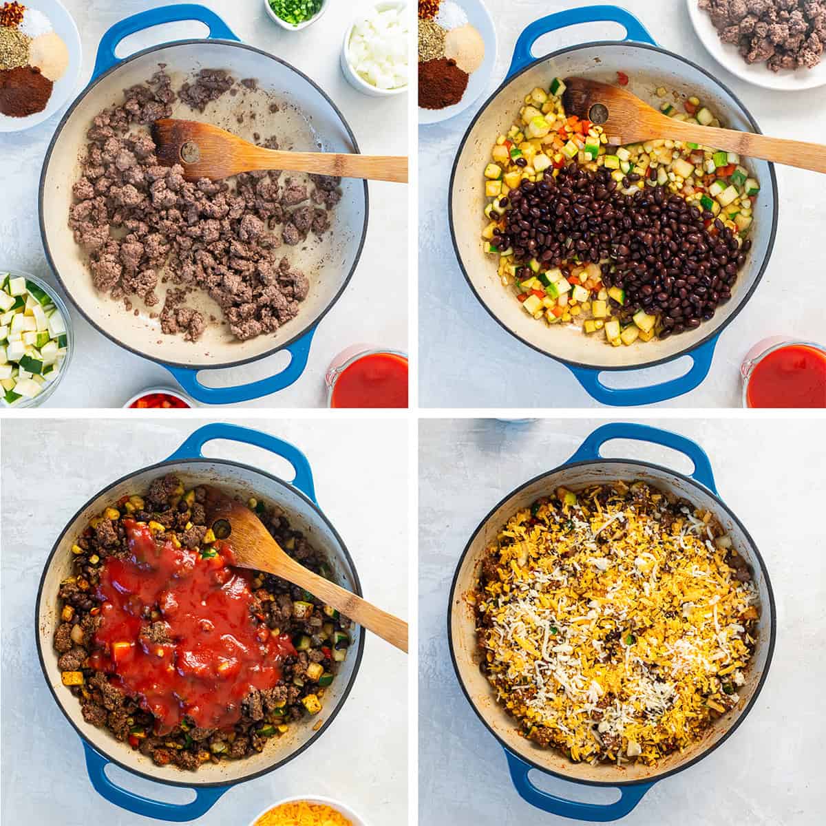 Four images of ingredients being combined in a pan to make a loaded taco skillet.