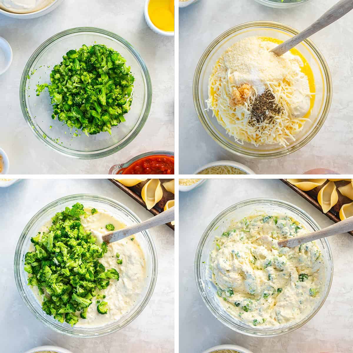 Four images of broccoli and other filling ingredients in a large glass bowl.