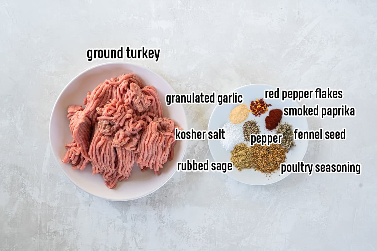 Raw ground turkey in a bowl and dried spices on a plate with text overlay.
