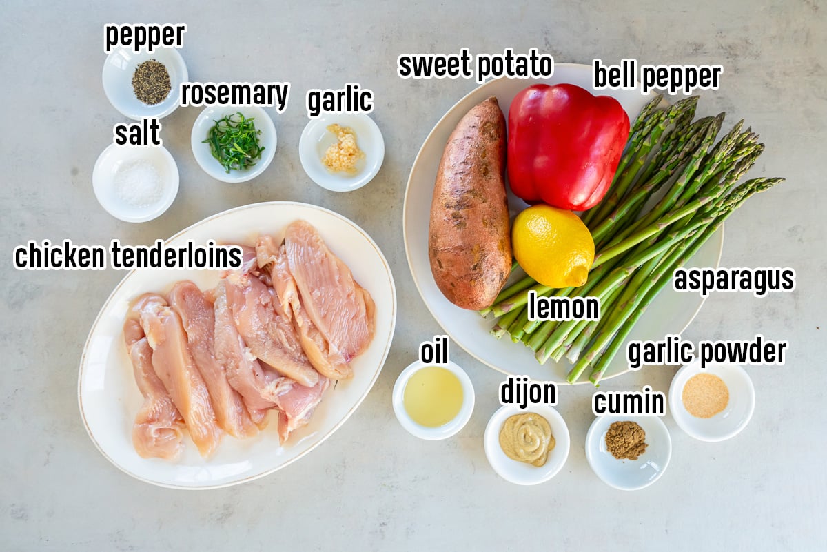 Chicken tenderloins, spices, and vegetables with text overlay.