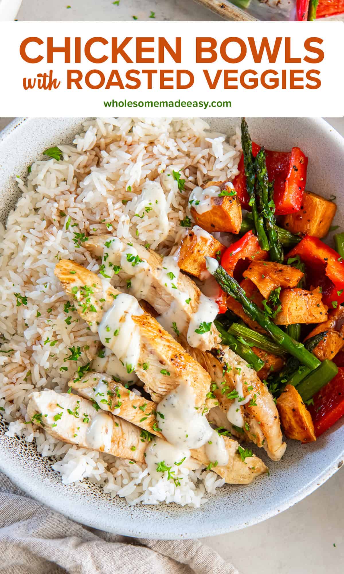 A bowl with rice, chicken tenderloins, and roasted vegetables with text overlay.