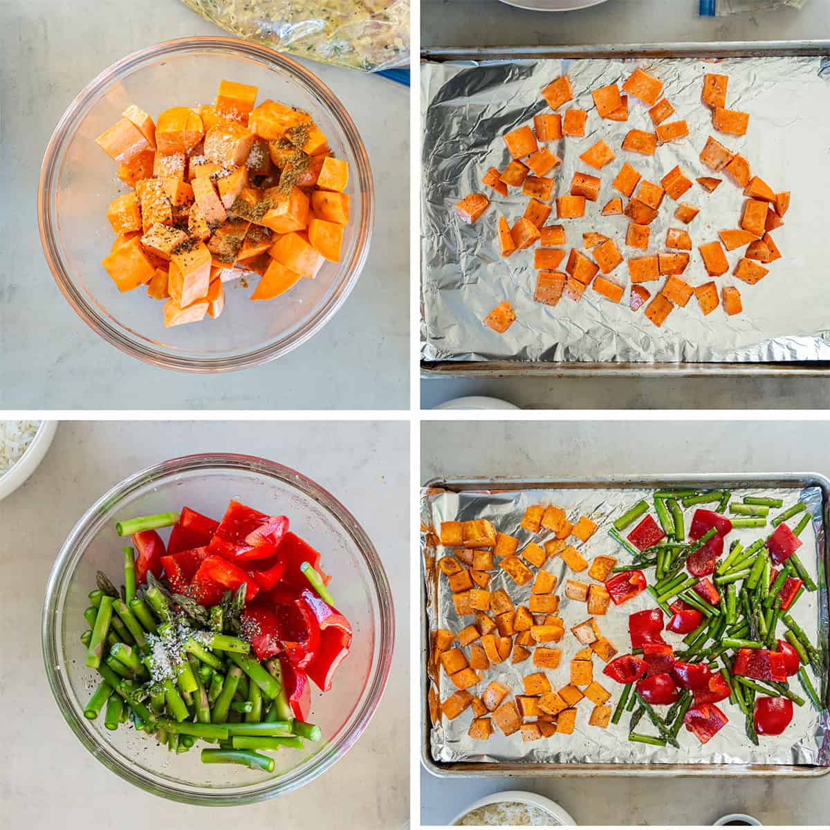 Four images of cubed sweet potatoes, red bell pepper, and asparagus, in a bowl coated with oil and spices and on a baking sheet.