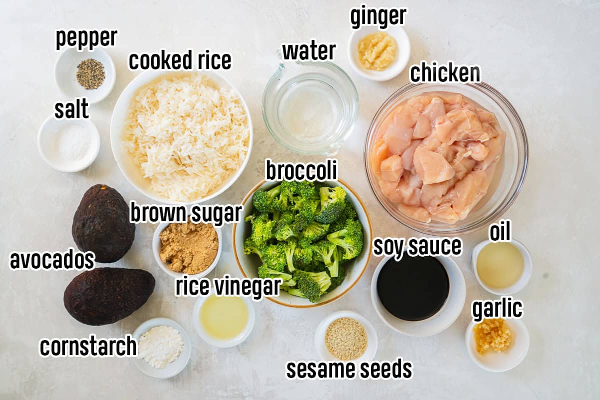 Chicken breast, broccoli, rice and other ingredients in bowls with text overlay.