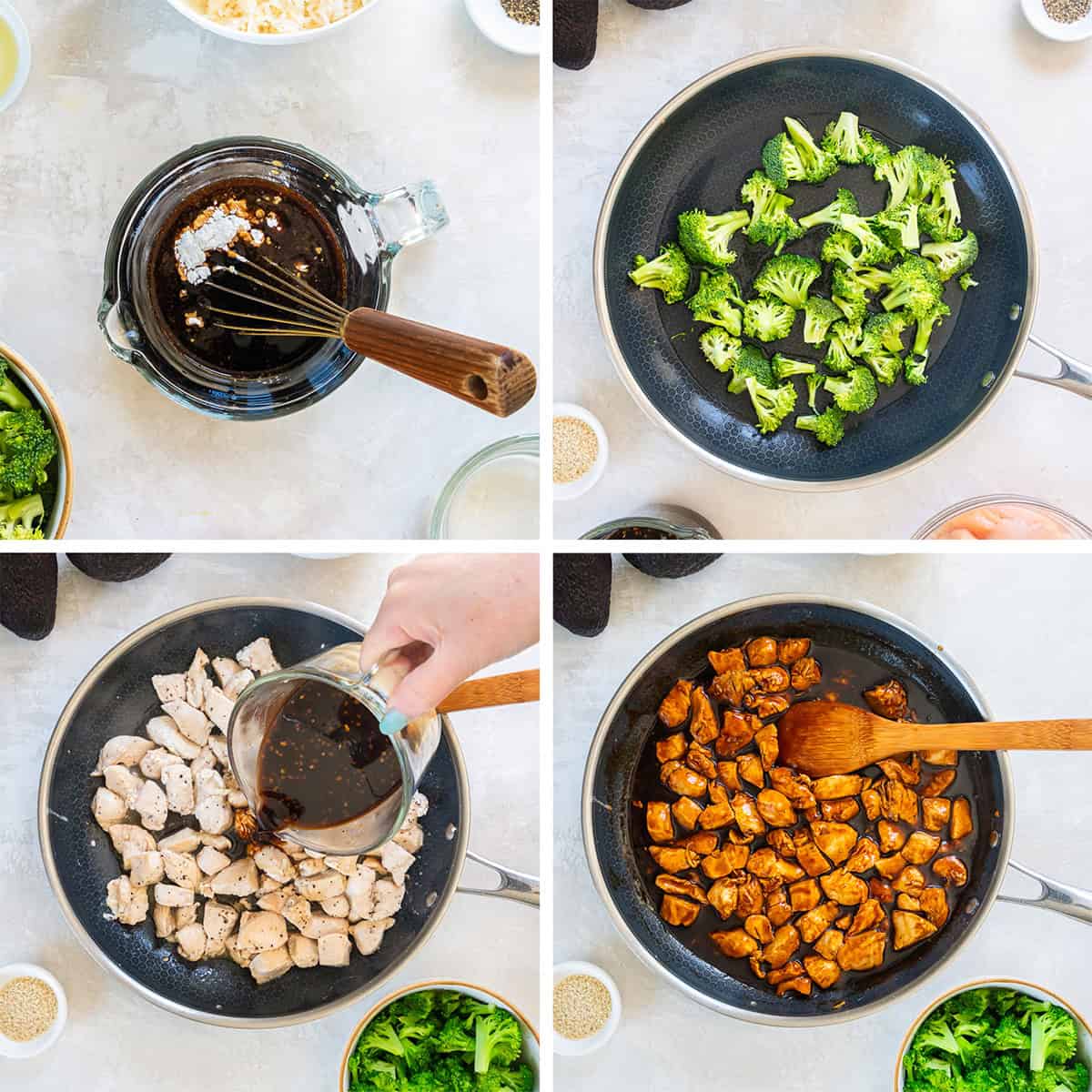 Four images of teriyaki sauce in a measuring cup, broccoli in a skillet, and chicken and the sauce in a skillet.