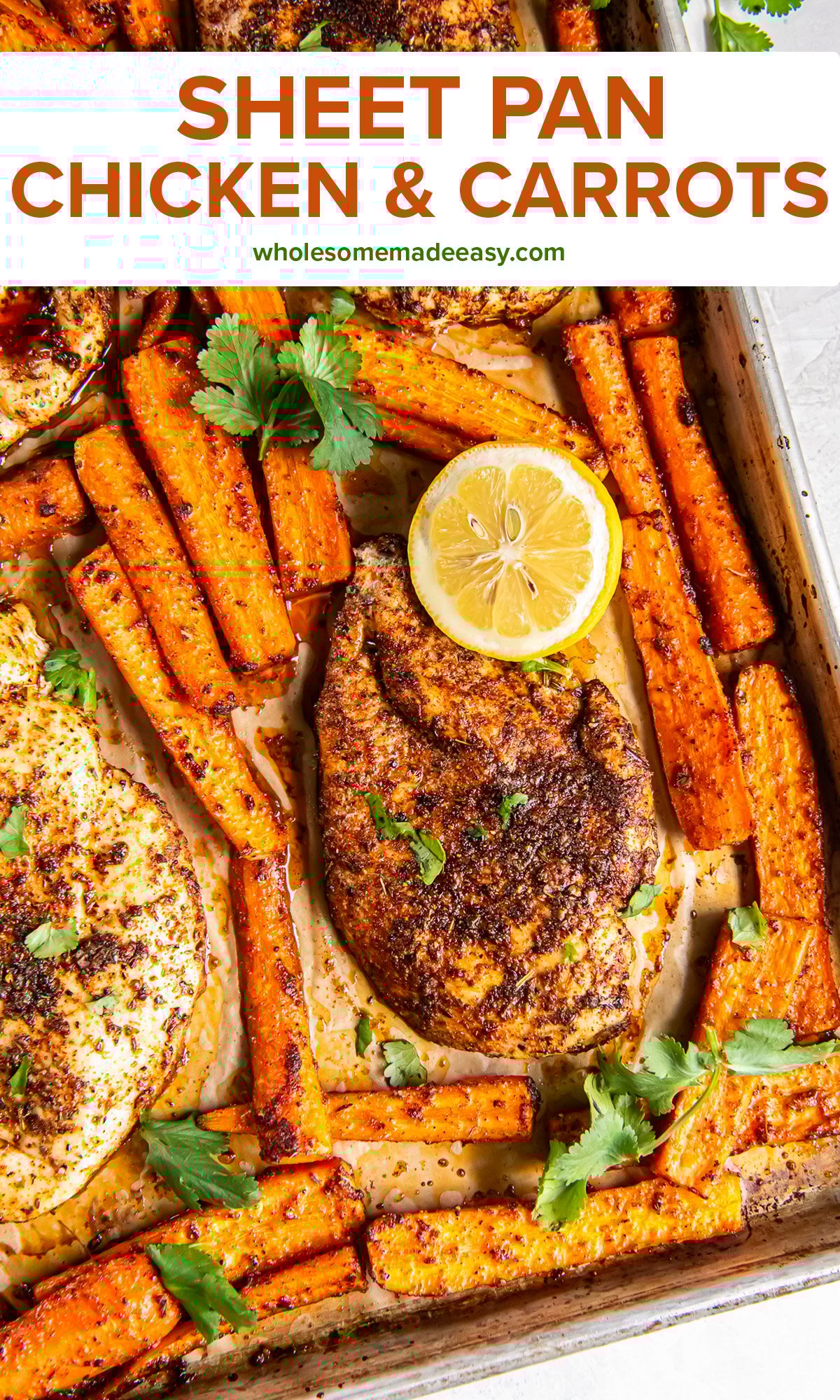 Seasoned cooked chicken breasts on a baking sheet with roasted carrots and lemon halves with text overlay.