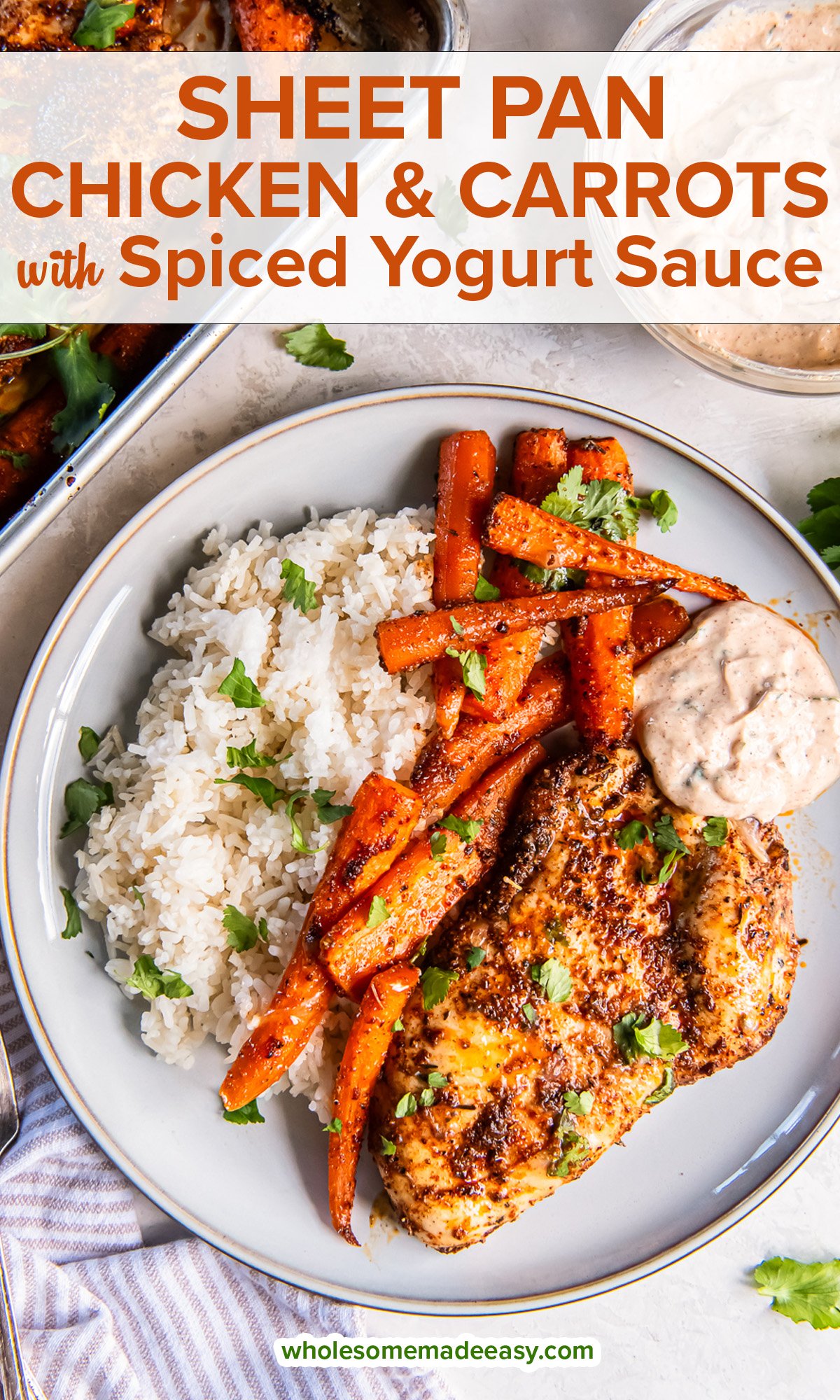 Spiced chicken and roasted carrots on a plate with a dipping sauce and rice with text overlay.