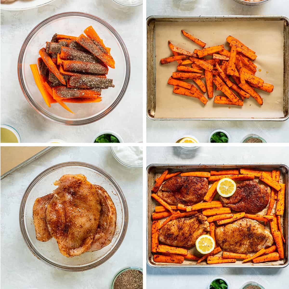 Four images of seasoned carrots and chicken in a bowl and on a baking sheet with lemon halves.
