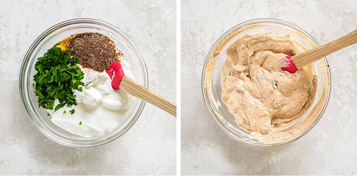 Two images of Greek yogurt and spices in a small bowl.
