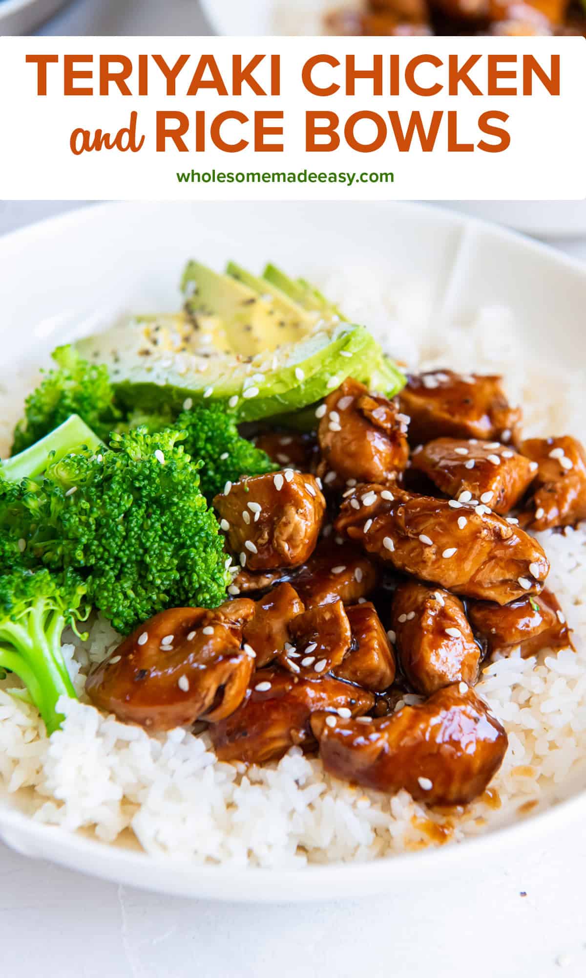 Bite size chicken teriyaki, rice, brocoli, and sliced avocado in a white bowl with text overlay.