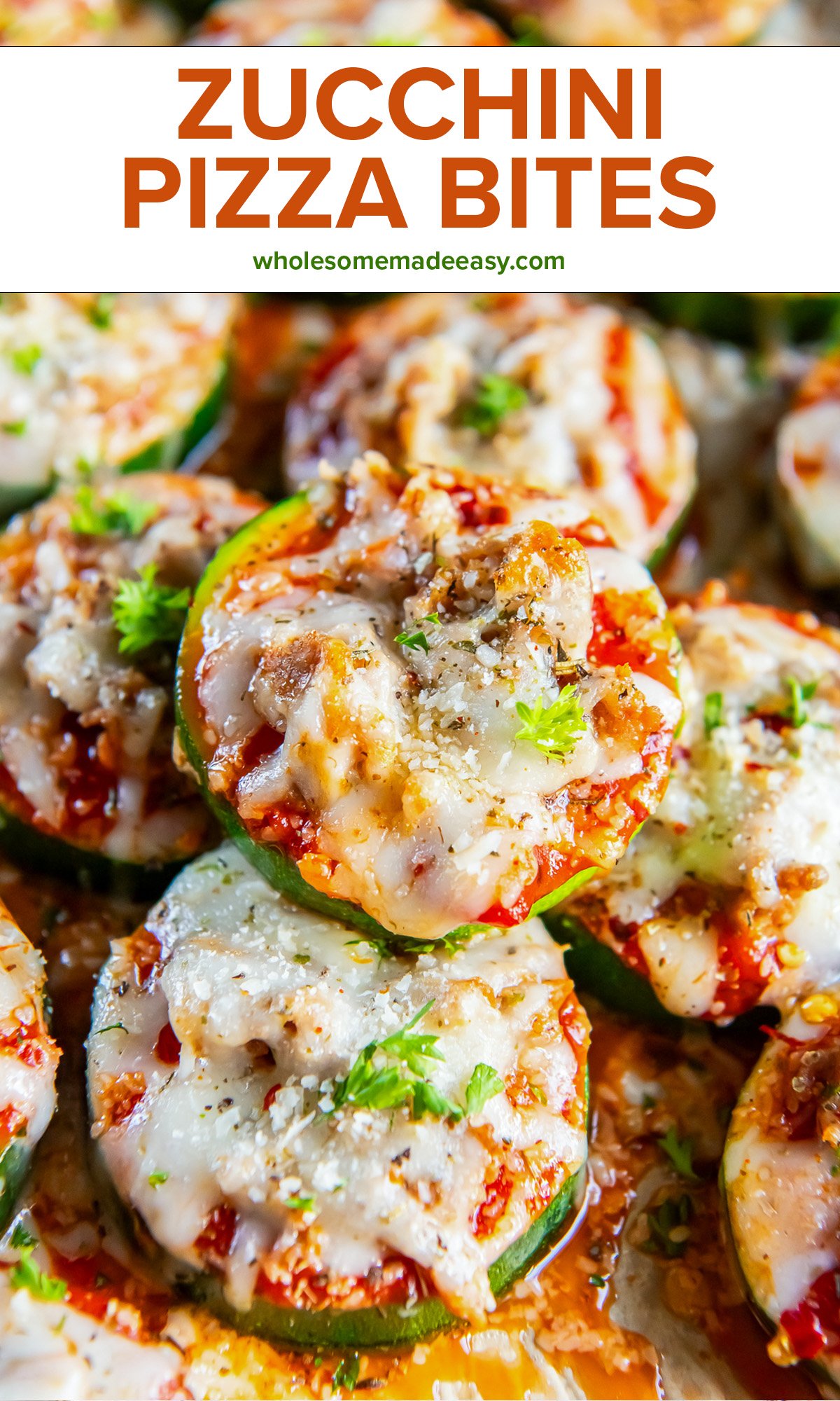 A pile of mini zucchini pizzas with italian sausage and melted cheese with text overlay.
