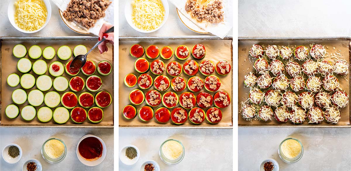 Three images of sliced zucchini in a baking sheet with marinara, italian sausage, and cheese.