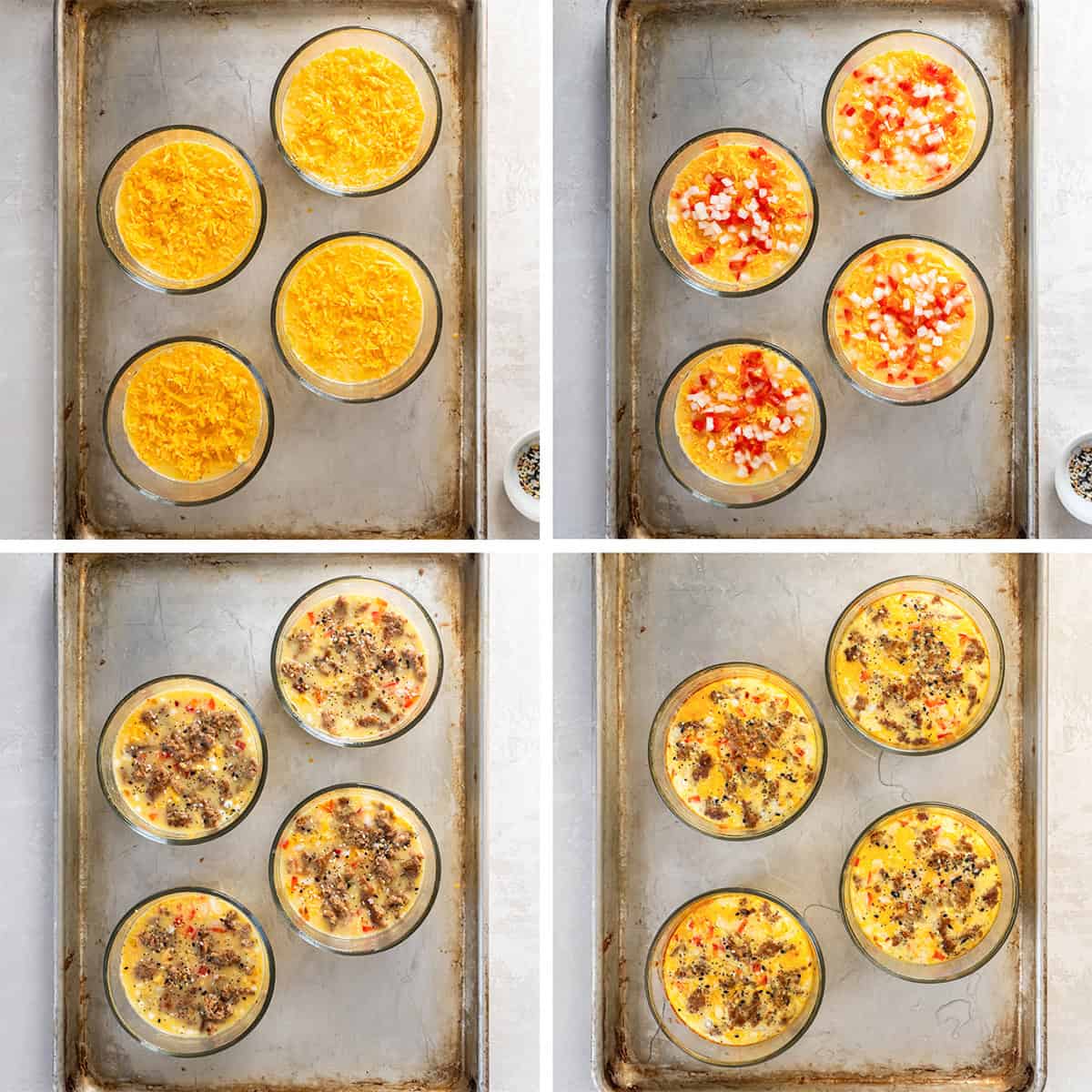 Four images of an egg mixture in 4 small glass bowls with cheese, bell peppers, and sausage layered on top.
